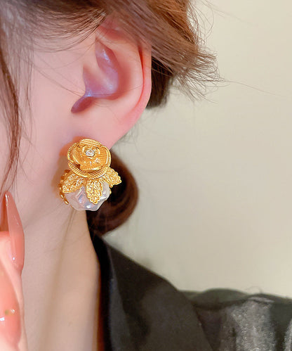 Stylish Gold Alloy Zircon Pearl Stud Earrings