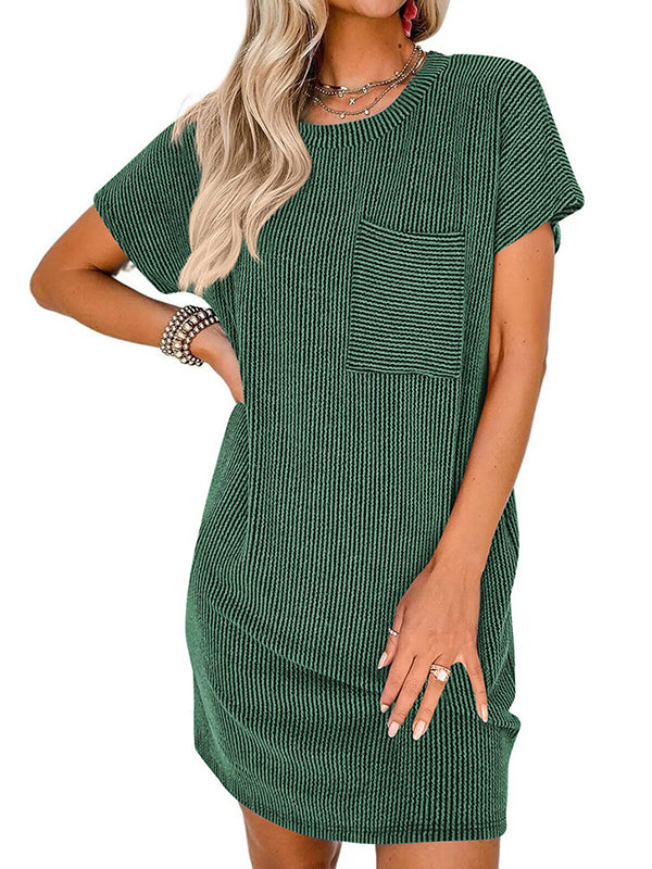 A-line Loose Contrast Color Pockets Split-joint Striped Round-neck Mini Dresses