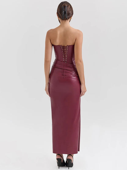 Wine Red Strapless Pu Leather Maxi Dress Off-shoulder Backless Lace-up Bodycon Club Party Long Dress