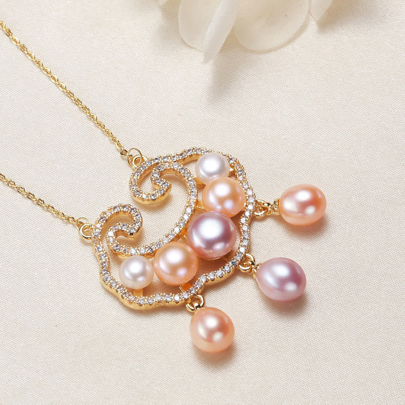 Buddha Stones 18k Gold Plated Natural Pearl Chinese Lock Charm Sincerity Necklace Pendant