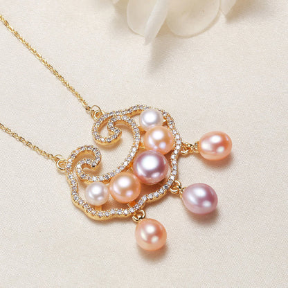 Buddha Stones 18k Gold Plated Natural Pearl Chinese Lock Charm Sincerity Necklace Pendant