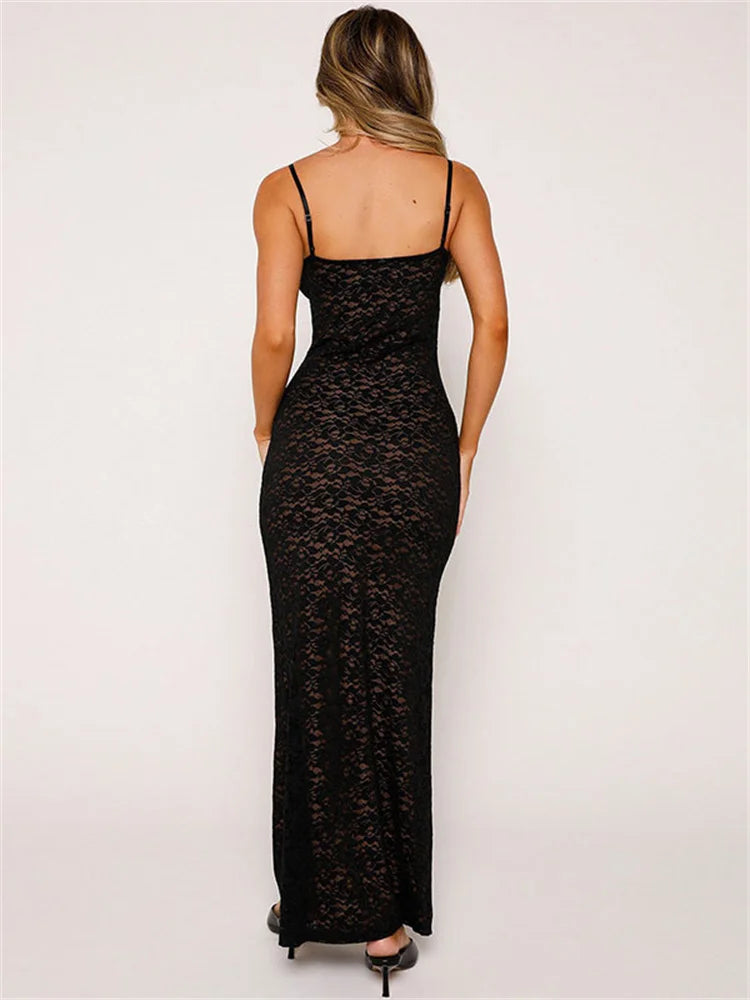 Lace Hollow Out Backless Maxi Dress Slim V-neck See-through High Street Summer Party Dress Slim Dress