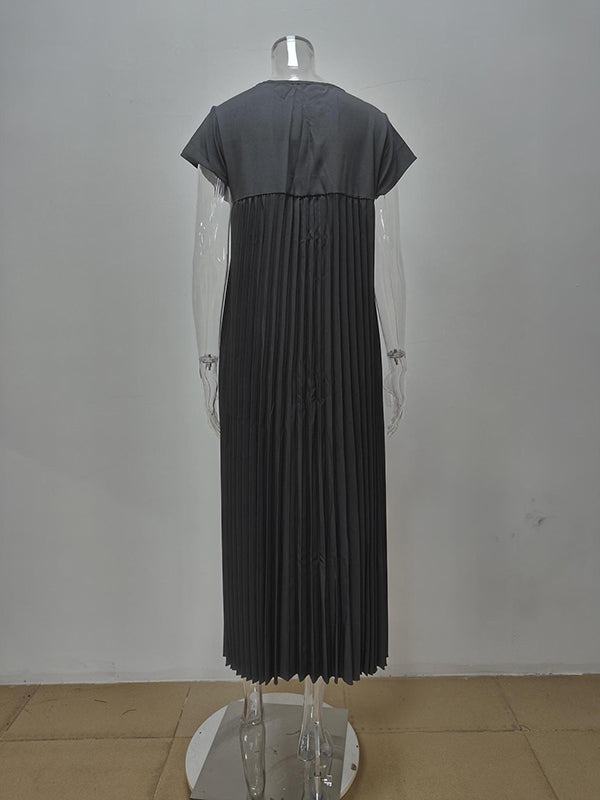 A-line High Waisted Pleated Pockets Color Split-joint Round-neck Maxi Dresses