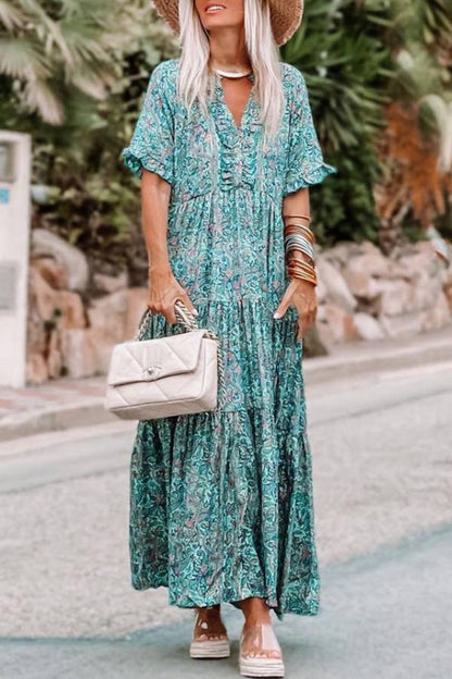 Sky Blue Paisley Print Split V Neck Tiered Maxi Dress