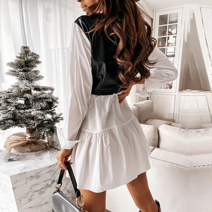 Plaid Shirt Vestidos Long Sleeve White Short Dress for Summer Pu Leather Patchwork Sweet Office Mini Dresses