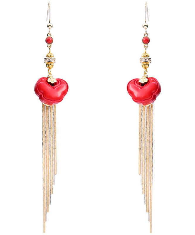 Vogue Red 14k Gold Cinnabar Ruyi Tassel Drop Earrings