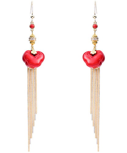 Vogue Red 14k Gold Cinnabar Ruyi Tassel Drop Earrings