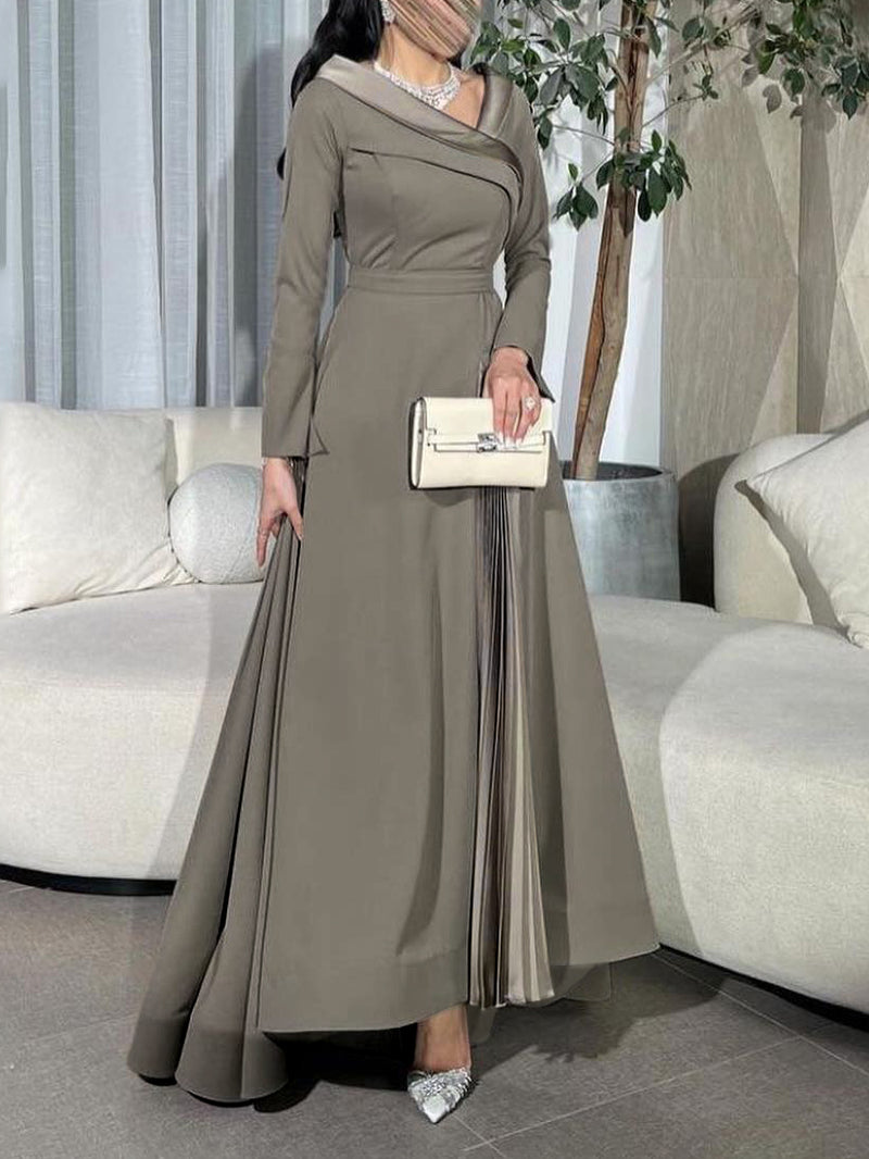 A-line Wrap Pleated Color Split-joint V-neck Maxi Dresses