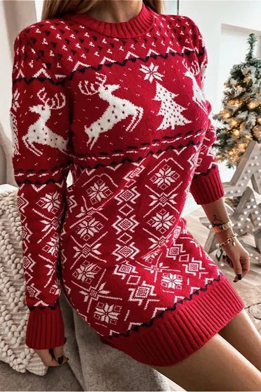 Knit Christmas Reindeer Color Block Fitted Mini Dresses