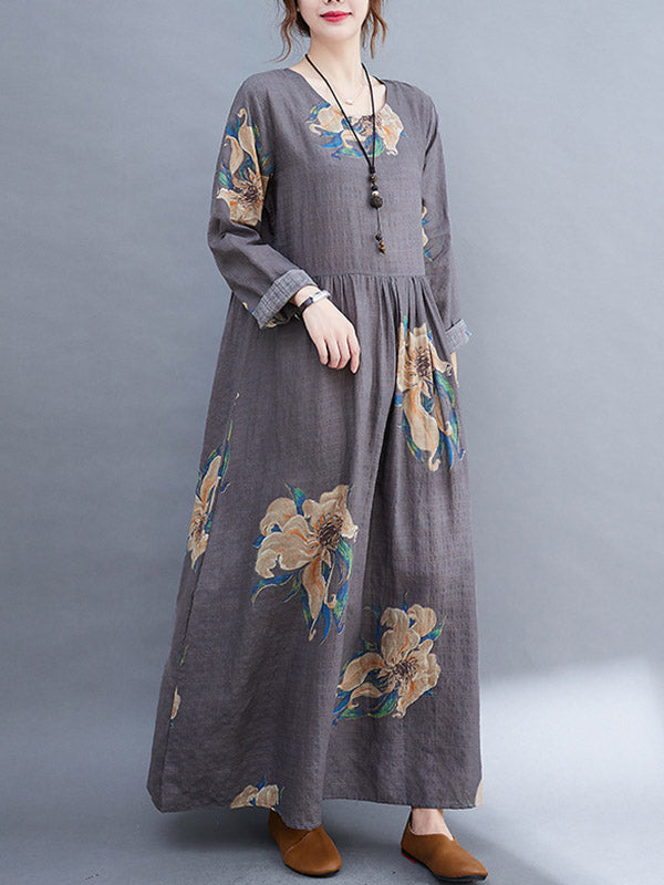 Loose Pleated Flower Printed Round-neck Long Sleeves Maxi Dress