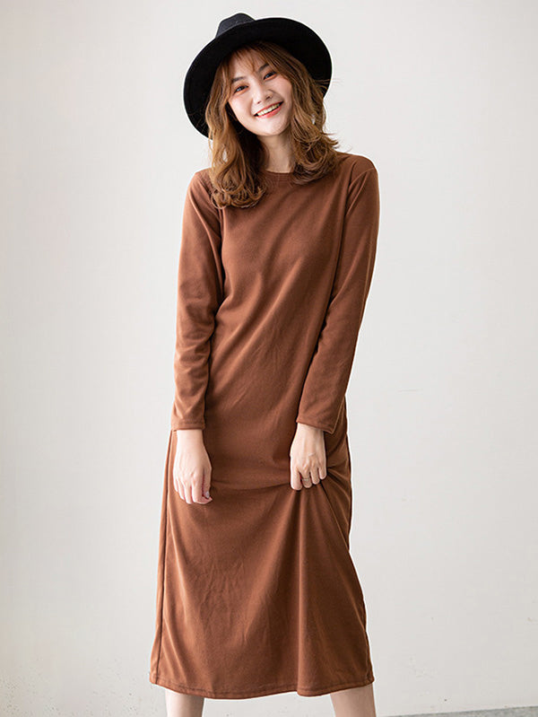 Simple Color Round-neck A-line Midi Dress