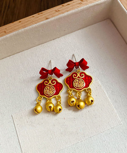 Gold Sterling Silver Overgild Bow Safety Lock Drop Earrings