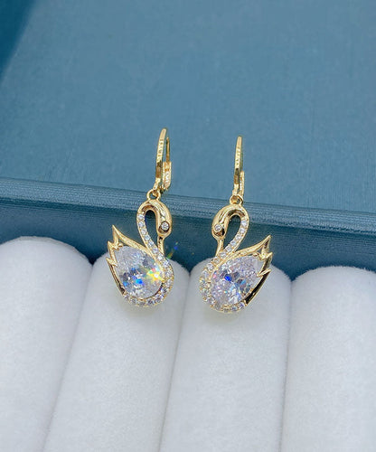 Gold Alloy Zircon Crystal Swan Drop Earrings