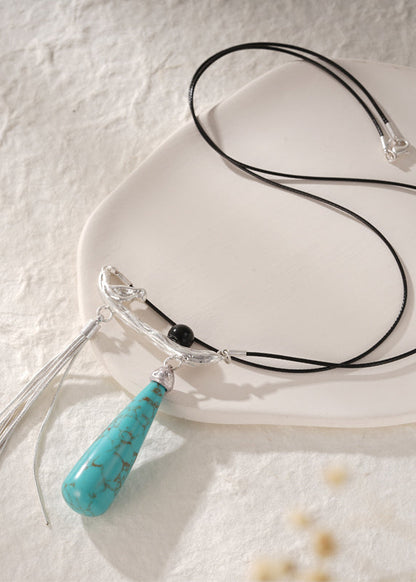 Silk Copper Turquoise Black Agate Magpie Pendant Necklace