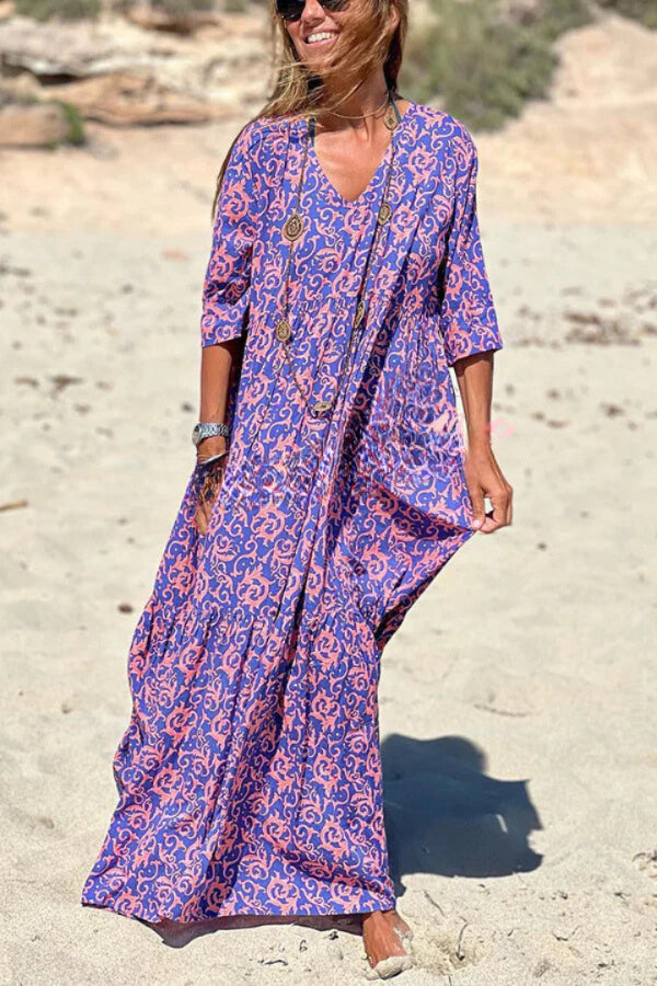 Pattern Printed Half Sleeve Loose Swing Maxi Dresse