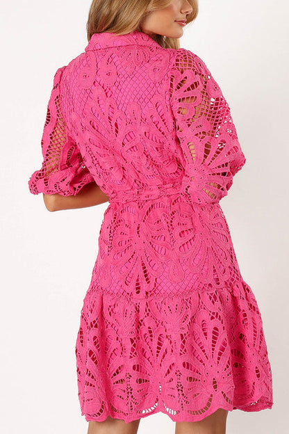 Color Lace Cutout Balloon Sleeves and Waist Tie Mini Dress