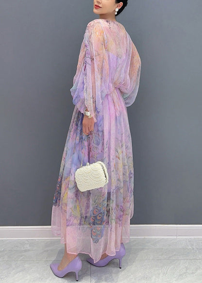 Lavender U Neck Print Patchwork Long Dresses Summer Ao1064