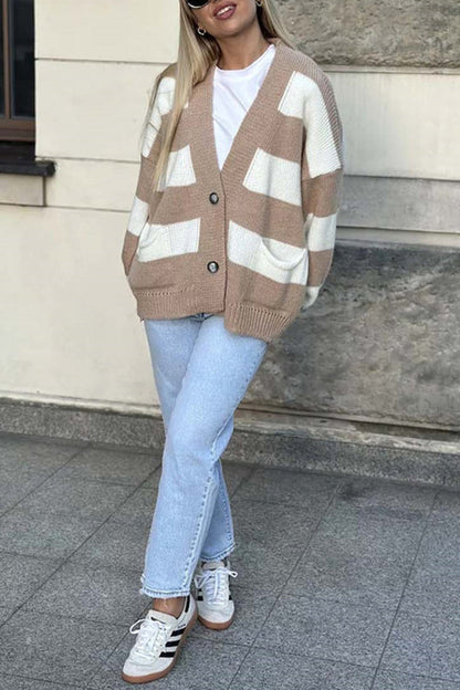 V-neck Long-sleeved Striped Pocket Knitted Cardigan