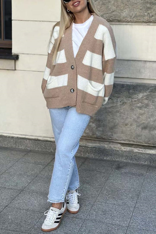 V-neck Long-sleeved Striped Pocket Knitted Cardigan