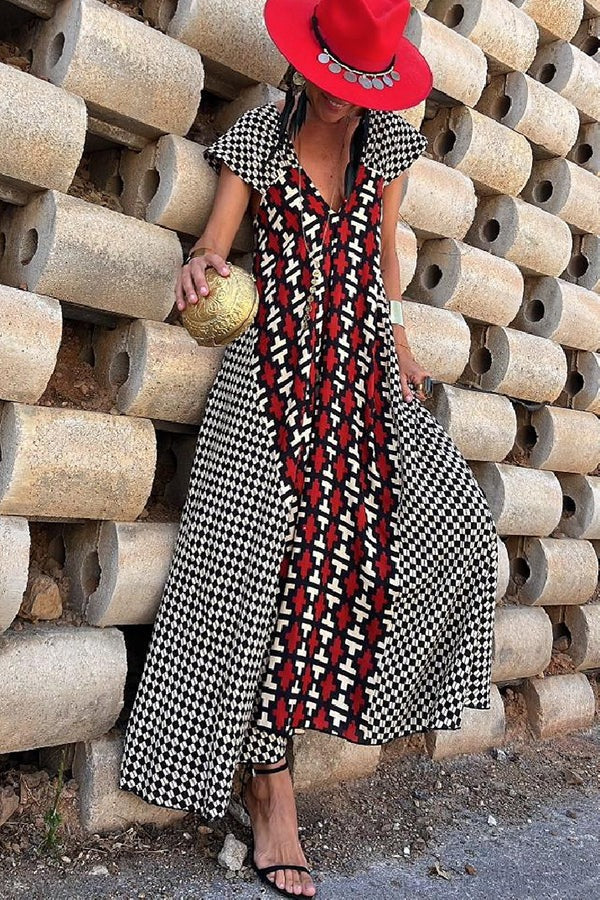 Fresh Breeze Unique Print Ruffle Sleeve A-line Maxi Dress