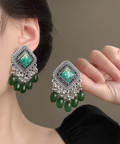 Green Geometric Tassel Silver Plated Drop Earrings