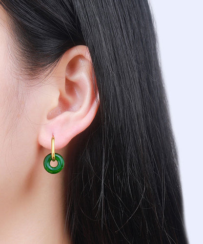 Simple Green Sterling Silver Overgild Jade Ping an Buckle Drop Earrings
