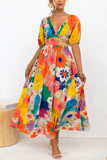 Frenzy Printed Puff Sleeve Back Smocked Maxi Dress