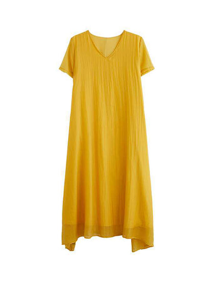 A-line Loose Color V-neck Midi Dresses