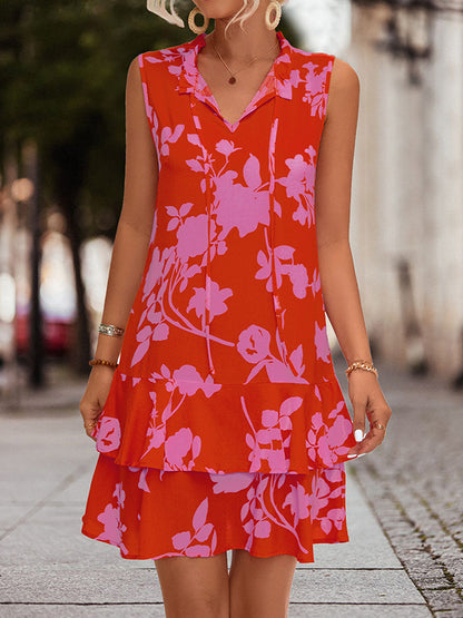 A-line High Waisted Falbala Printed Split-joint Tied Tiered V-neck Mini Dresses