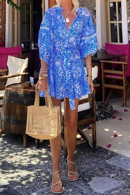 Stand Collar Shift Printed Resort Mini Dress