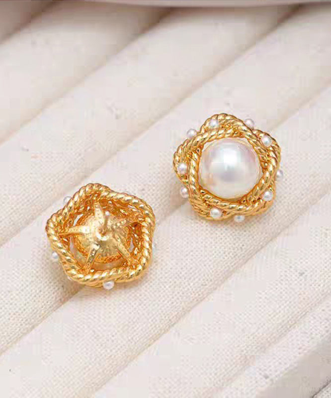 French Gold Copper Overgild Zircon Pearl Fried Dough Twist Stud Earrings