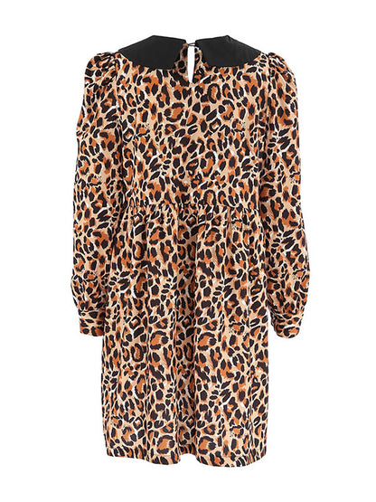 Loose Puff Sleeves Leopard Pleated Printed Split-joint Peter Pan Collar Mini Dresses Shirt Dress