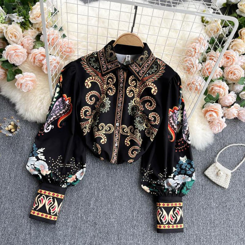 Retro Black Lapel Field Totem Print Buttoned Lantern Sleeve Blouse Ar1004