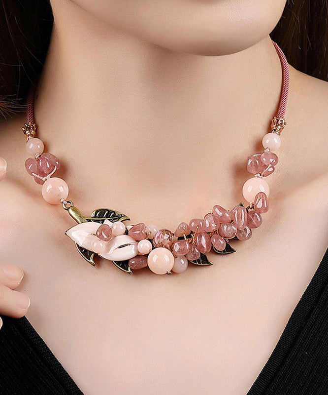 Pink Copper Overgild Cloisonne Coloured Glaze Strawberry Crystal Gratuated Bead Necklace