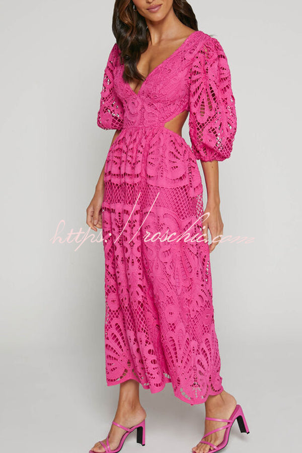 Color V Neck Hollow Lace Waistless Maxi Dress