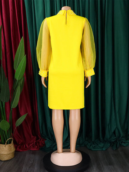 Puff Sleeves Beads Mesh Color Split-joint Round-neck Midi Dresses
