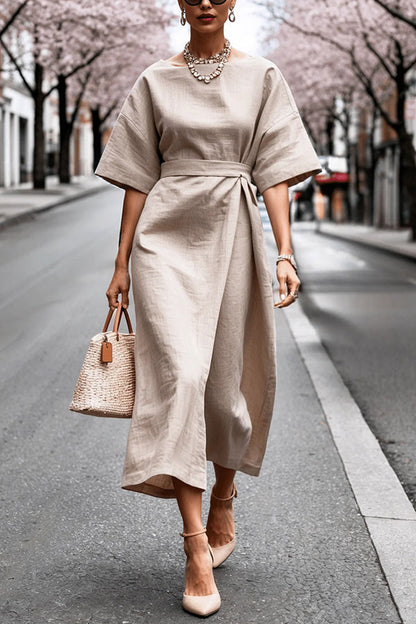 Color Round Neck Half Sleeve Waist Midi Dress