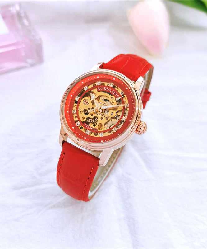 Red Stainless Steel Sapphire Crystal Patchwork Dermis Zircon Hollowed Out Watch