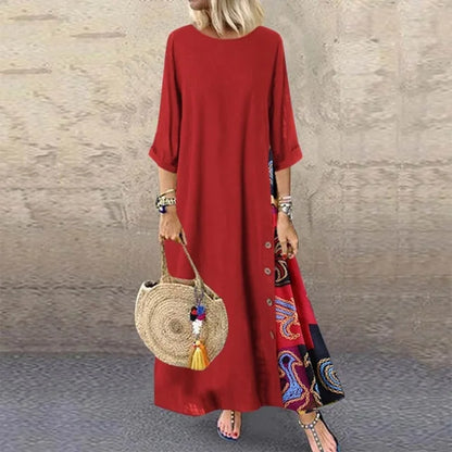 Cotton Linen Long Dresses Three Quarter Sleeves Splicing Print Loose A-line Dress Lady Maxi Vestido
