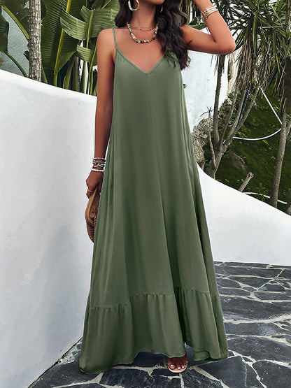 Loose Sleeveless Pleated Color Split-joint Spaghetti-neck Maxi Dresses