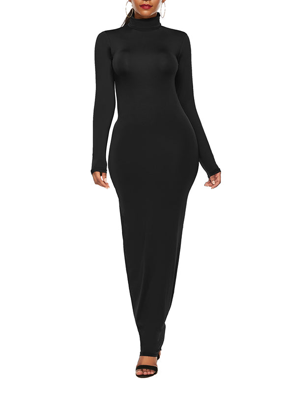 Bodycon Long Sleeves Color High Neck Maxi Dresses