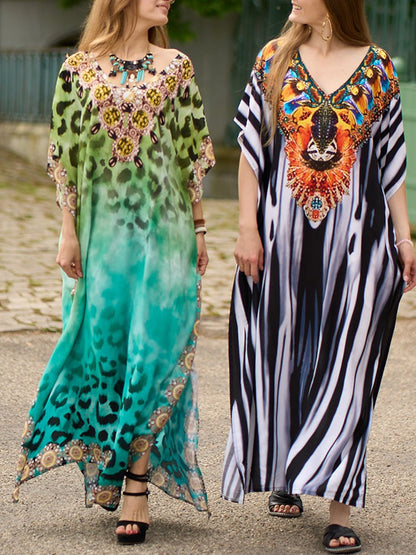 Batwing Sleeves Loose Printed Split-side Striped V-neck Beach Cover-up Maxi Dresses