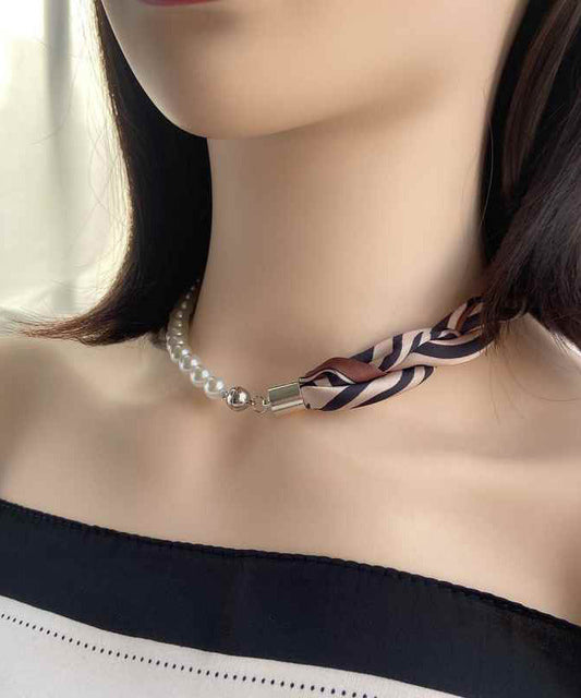 Modern Coffee Print Stainless Steel Scarf Patchwork Pearl Necklace