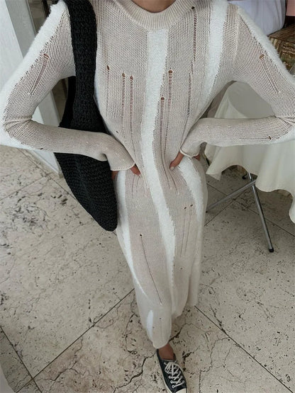 Hollow Out Knit Maxi Dress for Slim Long Sleeve Autumn Party Dress Female Knitwear Dress