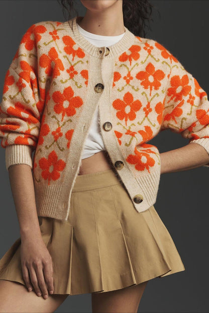 Jacquard Button Long Sleeve Knit Cardigan