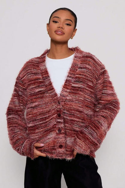 Retro Striped Fashionable Oversized Fleece Long Sleeve Knit Cardigan