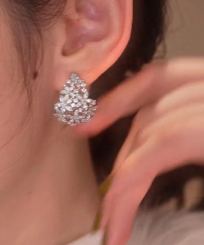 Silk Sterling Silver Zircon Hollowed Out Hoop Earrings