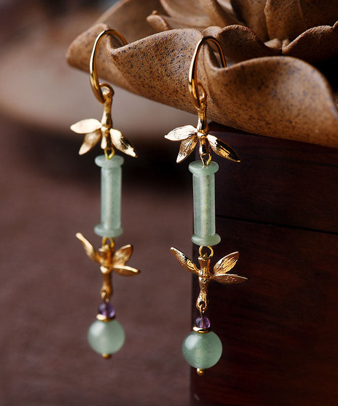 Green Jade Bamboo 14k Gold Tassel Drop Earrings