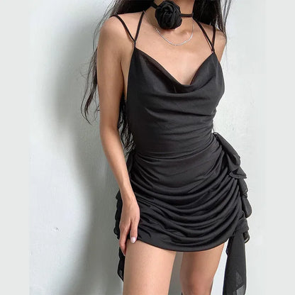 Backless Dress for Ruffle Folds Slim Mini Dresses Holiday Bandage V Neck Lace Up Dress Woman