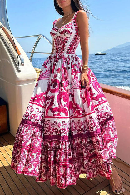Print Suspender Patchwork Maxi Dress